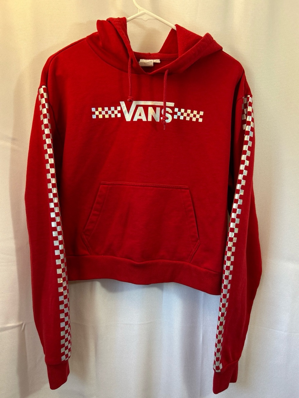 Vans Red Pullover Hoodie with Iridescent Silver Checker Detail‎